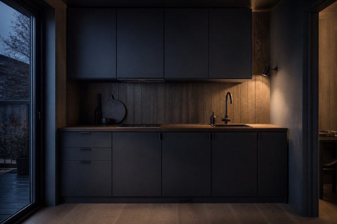 Exempelbild: Köket i lågmält ljus, mörk bakgrund, en enda ljuskälla från sidan. Håll bilden mörk så den möter sidans ton.