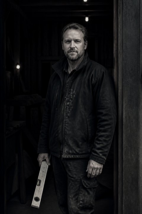 Exempelbild: Porträtt av Fredrik mot mörk bakgrund, ett hårt sidoljus, blicken i kameran. Svartvitt fungerar.