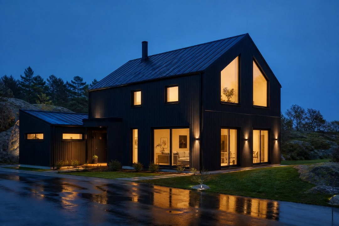 Exempelbild: Nybyggd villa i kvällsljus, hela huset, fönstren tända.