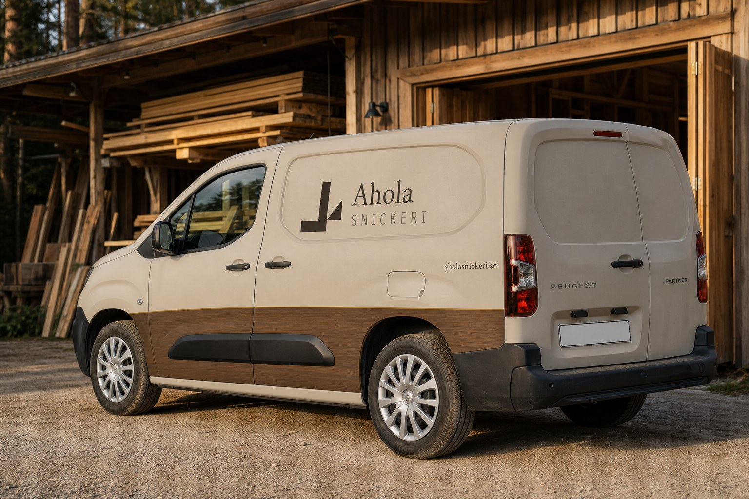 Beige Peugeot Partner med Ahola Snickeris varma trädetaljer