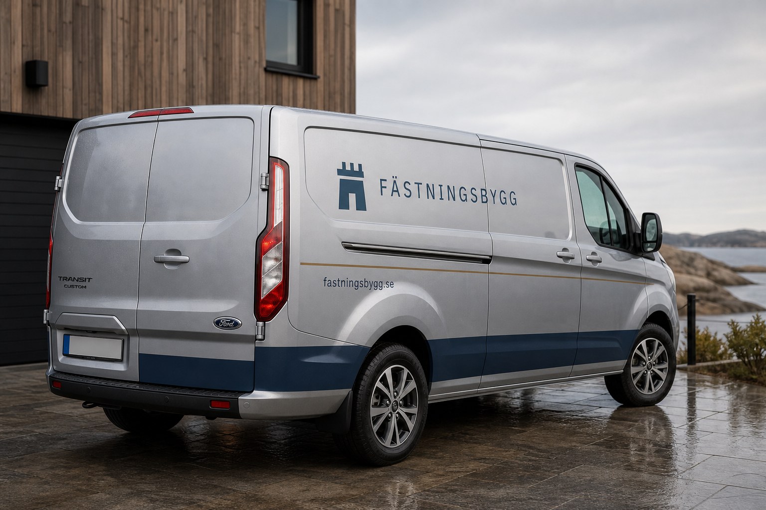 Silvergrå Ford Transit Custom med Fästningsbyggs diskreta stripning