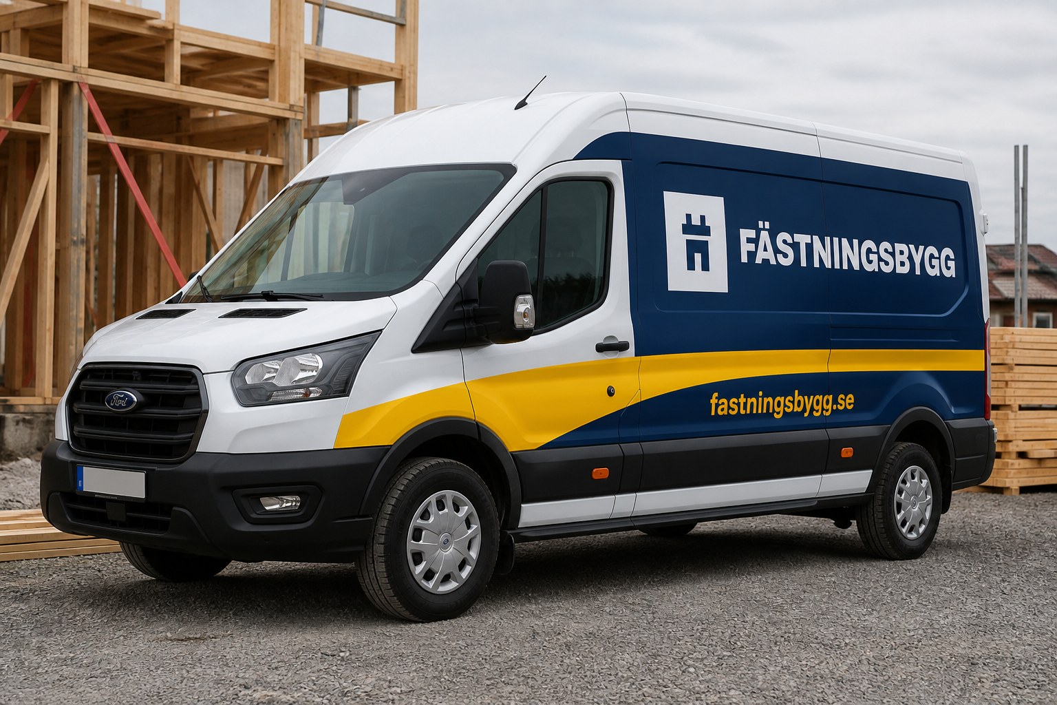 Vit Ford Transit med Fästningsbyggs blågula helhetsstripning