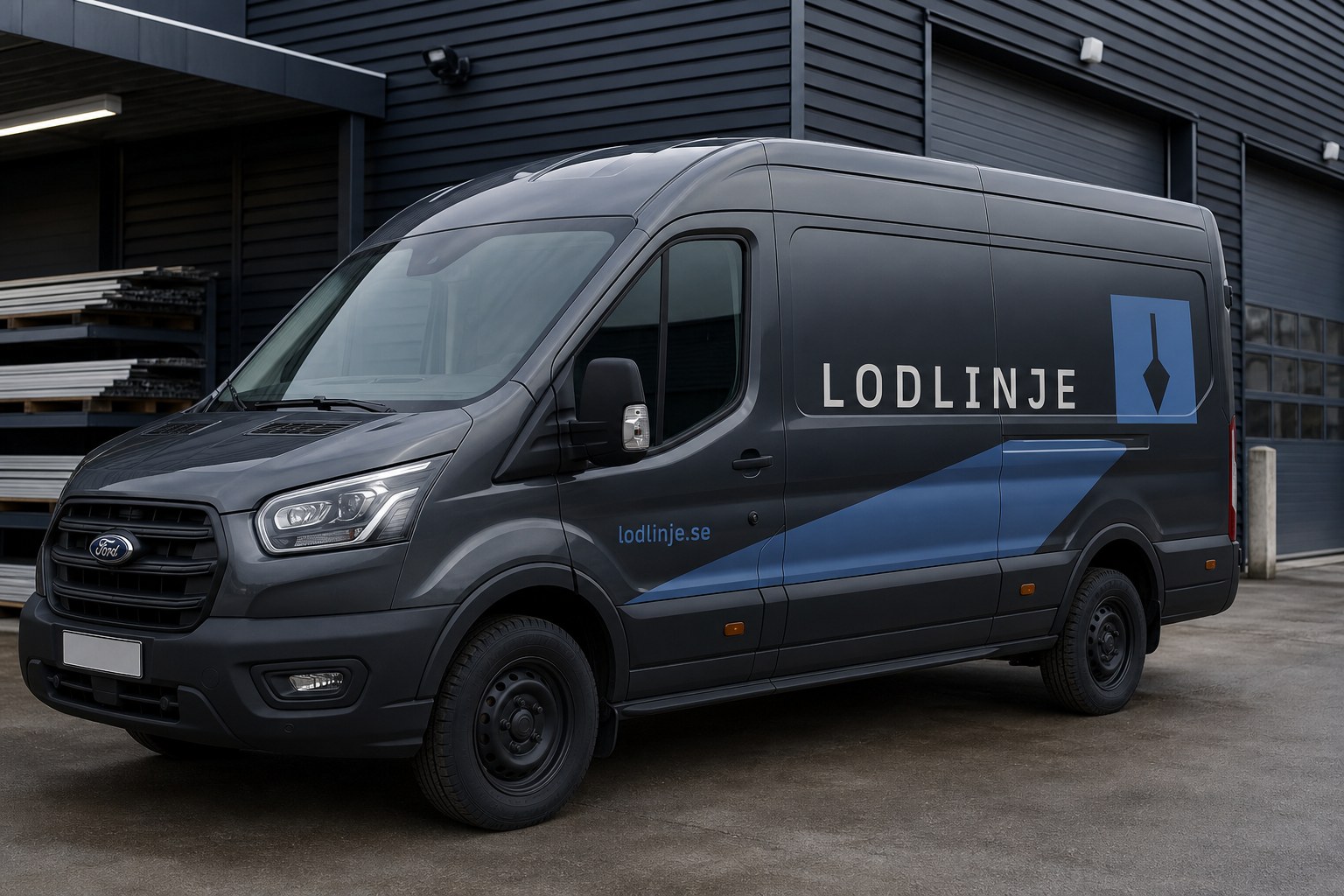 Grafitgrå Ford Transit med Lodlinjes industriella stripning